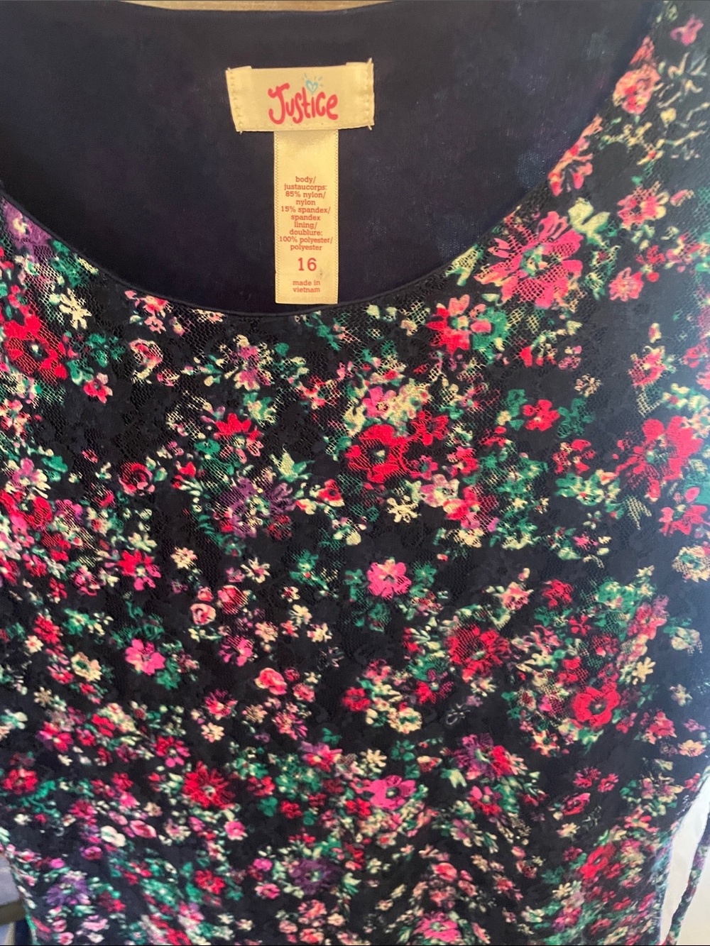 Justice Black Floral Sleeveless Dress with Pink & Green Blooms